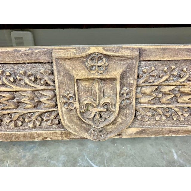 Early 19th Century Monumental Spanish Carved Wood Bench, Linen Upholstery, 19th Century For Sale - Image 5 of 13
