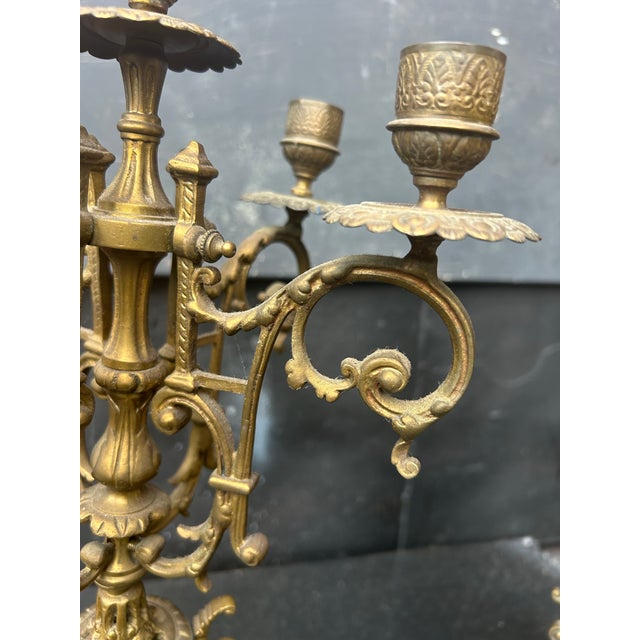 Metal 19th Century French Baroque Style Cast Brass 5-Light Candelabras - A Pair For Sale - Image 7 of 12