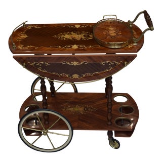 Vintage Italian Marqutry Inlaid Wood & Brass Rolling Bar or Tea Cart For Sale