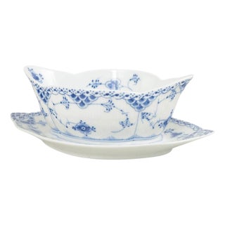 Blue Fluted Half Lace Sauceboat in Porcelain by Royal Copenhagen, 1960s For Sale