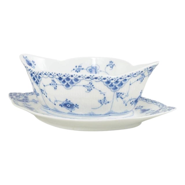 Blue Fluted Half Lace Sauceboat in Porcelain by Royal Copenhagen, 1960s For Sale