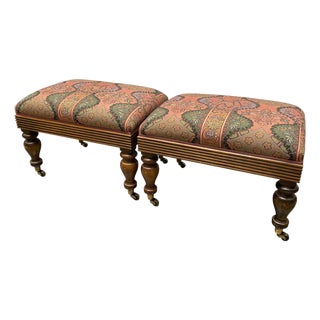 Late 20th Century Grange French Upholstered Footstool Ottomans on Brass Casters, Pair For Sale