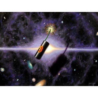 Little Bang by Patrick Nevins | Oil on board depiction of a firework in a cosmic setting For Sale