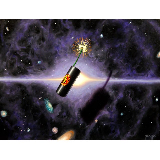 Little Bang by Patrick Nevins | Oil on board depiction of a firework in a cosmic setting For Sale