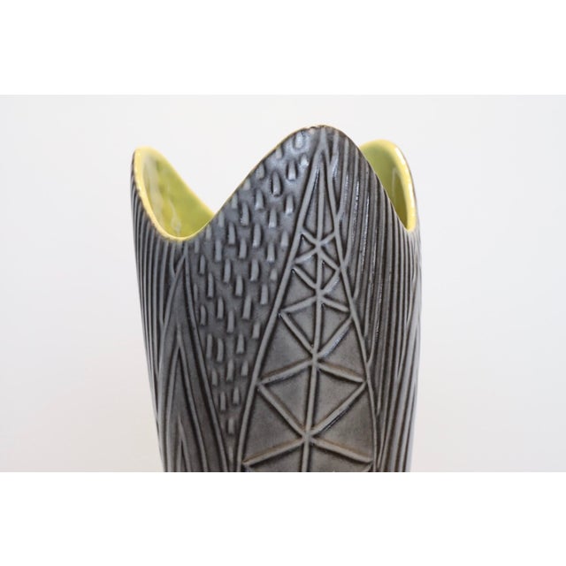 Stunning two-tone glazed vase by Mari Simmulson for Upsala-Ekeby. Grey outer-yellowish green inner glazing. Photographed...