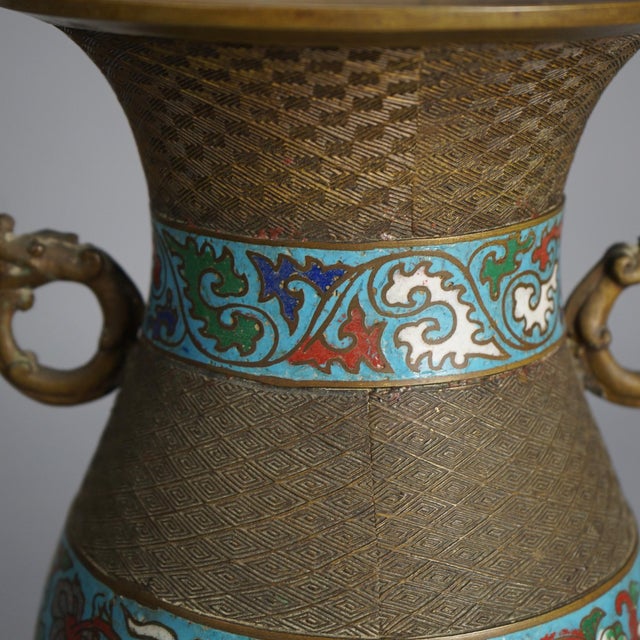Chinese Antique Chinese Bronze Cloisonne Enameled Double Handled Vase, Circa 1910 For Sale - Image 3 of 8