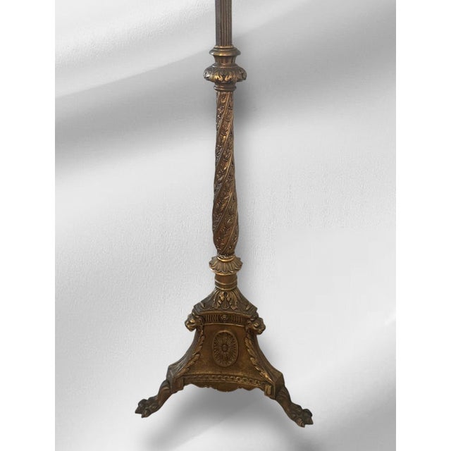 Antique Brass Floor Lamp With Blue and White Shade For Sale - Image 11 of 12