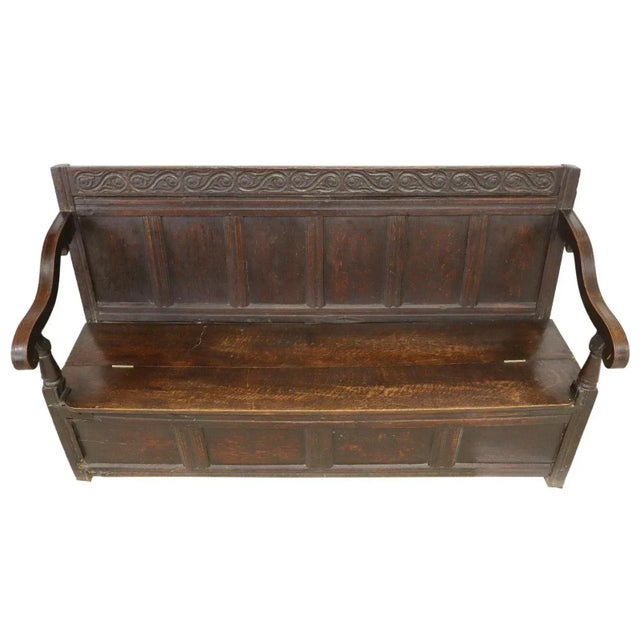 Rare Antique English Oak Bench W/Storage For Sale - Image 4 of 9