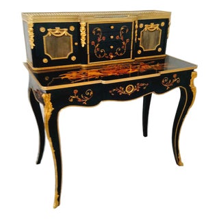 French Louis XV Style Writing Desk – Black Wood With Gold Leaf, Bronze Details & Multiple Storage Drawers For Sale