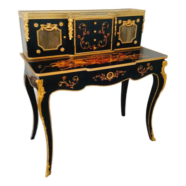 French Louis XV Style Writing Desk – Black Wood With Gold Leaf, Bronze Details & Multiple Storage Drawers For Sale