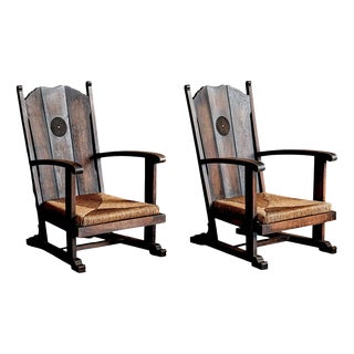 High-Back Armchairs with Carved Details and Rush Seats, Germany, 1930s, Set of 2 For Sale