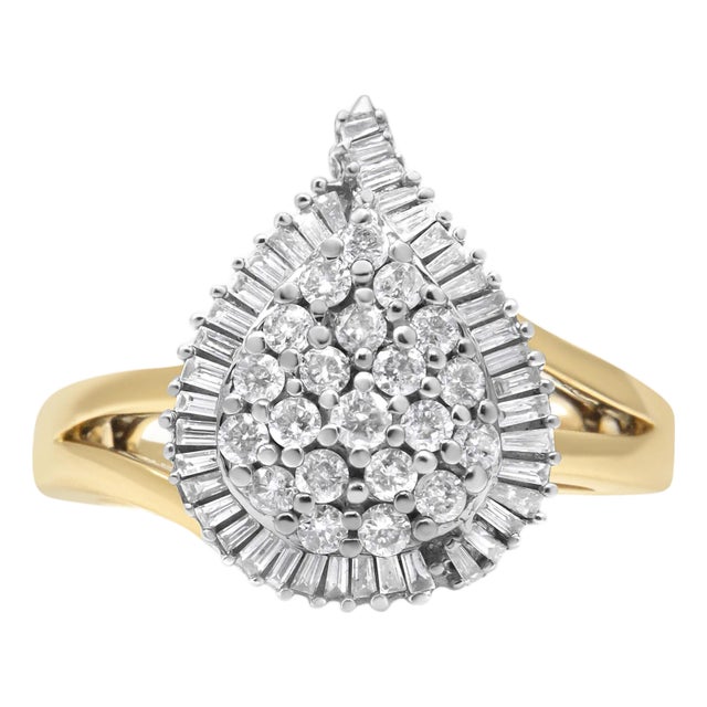 14K Yellow and White Gold 1.00 Cttw Round and Baguette-Cut Diamond Ballerina Cocktail Ring (H-I Color, SI2-I1 Clarity) For Sale