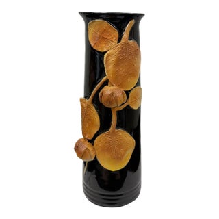 Vintage Hungarian Studio Art Pottery Ceramic Vase Wi/Applied Chestnut Relief 12" For Sale