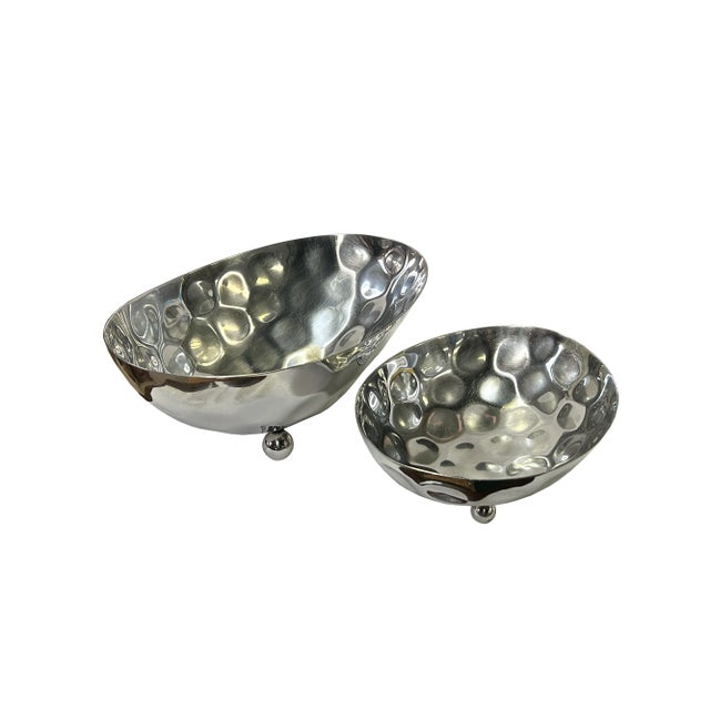 Modern Set 2 Artistic Hand Punch Marks Stainless Steel Oval Display Serving Plate For Sale - Image 3 of 4