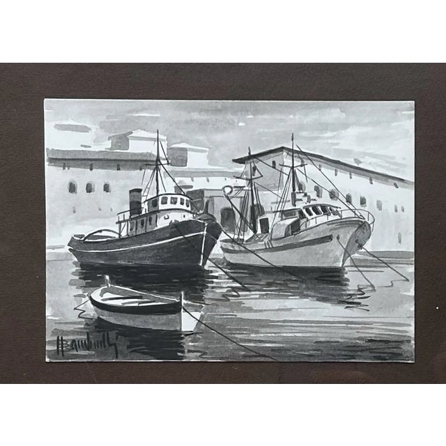Vintage 1960’s Black & White Watercolors of Various Fishing Boats ~ Framed Set of 7 For Sale In Philadelphia - Image 6 of 11