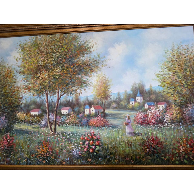 This is a stunning, statement-sized vintage impressionist landscape oil painting featuring a vibrant countryside scene....