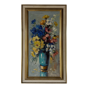 1960s Vintage Huller Still Life Flowers in Vase Oil on Canvas, Framed