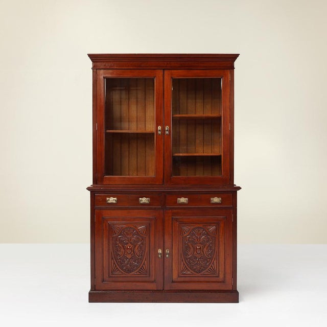 Art Nouveau Display Cabinet or Bookcase in Oak with Carvings and Glass Doors, 1890s For Sale - Image 17 of 17