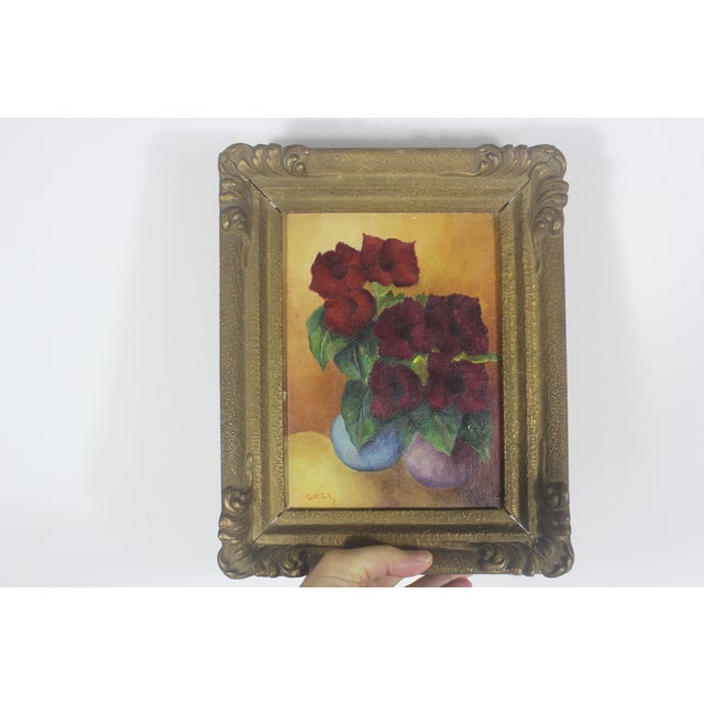 Width: 8.5 inches Height: 10.5 inches Depth: 2 inches Vintage or antique floral still life oil painting in a gilt wood and...