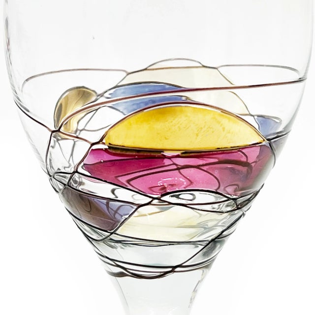 Abstract Vintage Tall Hand Painted Mosaic Colored Crystal Goblets - Set of 4 For Sale - Image 3 of 4
