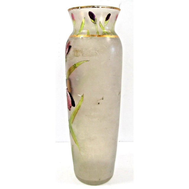Vintage Mont Joye Legras Hand Painted Iris Flower Frosted Glass Vase For Sale In Miami - Image 6 of 11