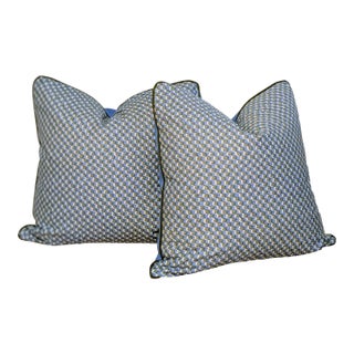 Pair of Fermoie 22" Ruffle Pillows in Blue With Olive Cord For Sale