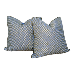 Pair of Fermoie 22" Ruffle Pillows in Blue With Olive Cord