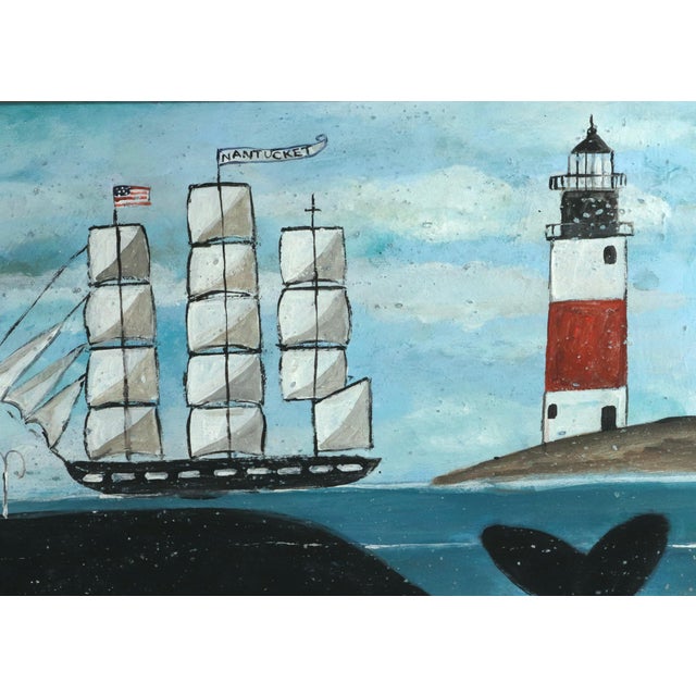 Melinda Kirkpatrick Folk Art Painting of a Whale and Ship, “Whale at Harbor” For Sale - Image 9 of 10