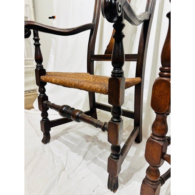 Pair of Antique 18th Century Queen Anne Style Mahogany Armchairs With Rush Seats For Sale - Image 9 of 14