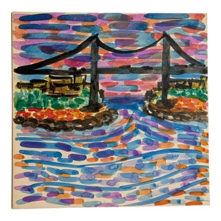 Vintage Mid-Century Modernist Watercolor Painting Nyc Triborough Bridge Sunset For Sale