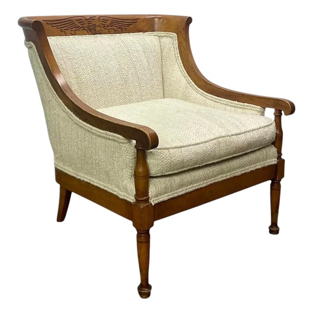 Vintage Traditional American Style Statton Furniture Mahogany & Textured Slub Upholstery Club Chair For Sale