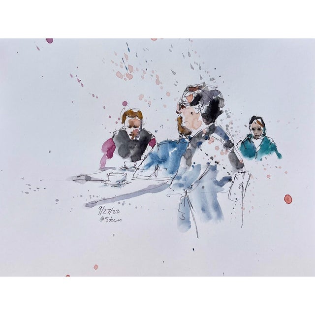 This watercolor on paper features a dynamic scene with figures engaged in conversation, rendered with fluid brushstrokes...