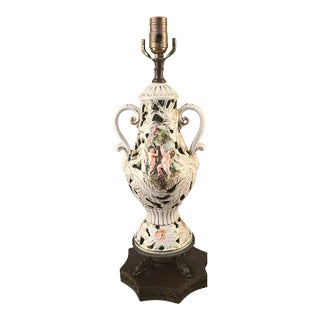 Mid 20th Century Hand Painted Italian Capodimonte Figural Cherub Dolphin Feet Base Lamp For Sale