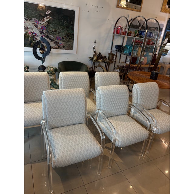Hollywood Regency Vintage Set of 6 Lucite Arm Dining Chairs by Preview Newly Upholstered Coastal For Sale - Image 3 of 12