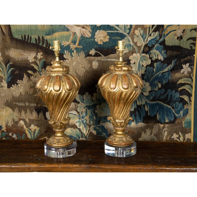 Wood 19th Century Italian Carved Giltwood Fragments Made into Lamps on Lucite - a Pair For Sale - Image 7 of 10