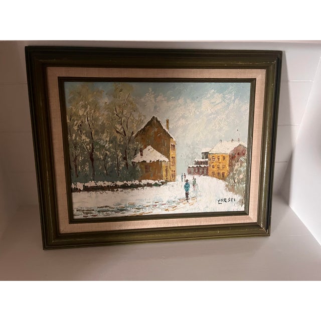 Vintage Oil Painting 1976Winter Village Scene Signed Preski Framed Original Art For Sale - Image 4 of 9