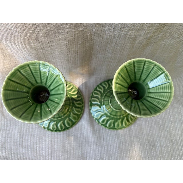 Vintage Bordallo Pinheiro Green Ceramic Candlestick a Pair For Sale In New York - Image 6 of 11