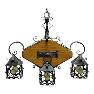 Vintage Arts & Crafts Gothic Style Wood Wrought Iron 3 Light Lantern Chandelier