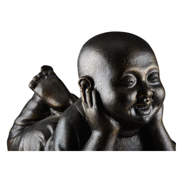 2020s Laughing Baby Buddha Statue W/ Bamboo Mat Cast Resin & Fiberglass For Sale - Image 5 of 13