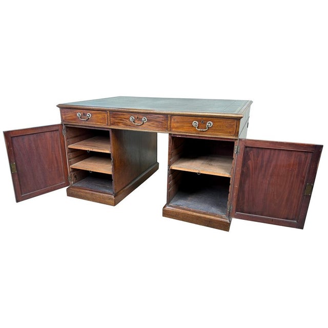 A Rare And Very Good Quality 18th Century Georgian Mahogany Pedestal Partners Desk, Having Attractive Gilt Tooled Old...