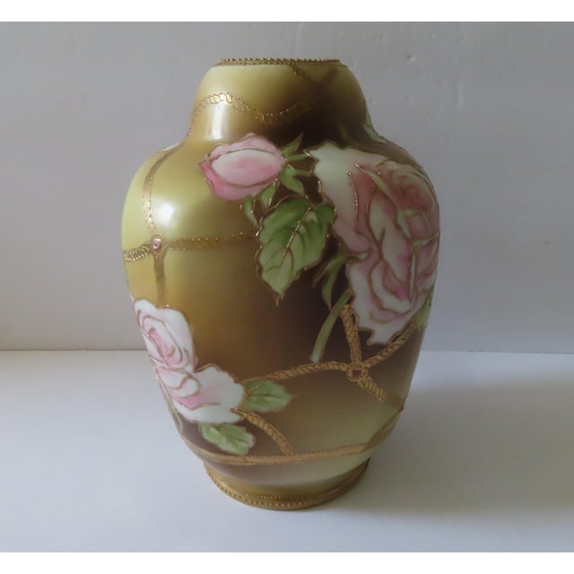 Antique Nippon Vase - Pink Roses & Gold Rope | Chairish