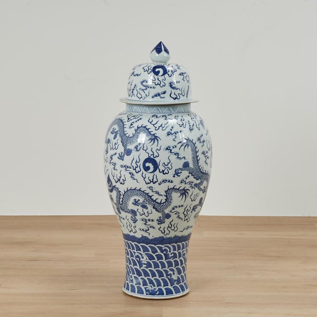 Blue Pair of Chinese Blue and White Porcelain Dragon Palace Urns For Sale - Image 8 of 13
