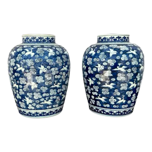 Chinese Blue and White Porcelain Baluster Jars With Cranes - A Pair