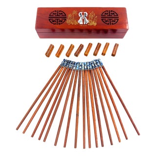 Asian Modern Vietnamese Wooden Chopsticks for 8 With Blue Mother of Pearl Marbled Tips Decorative Storage Box and Coordinating Rests - 25 pcs For Sale
