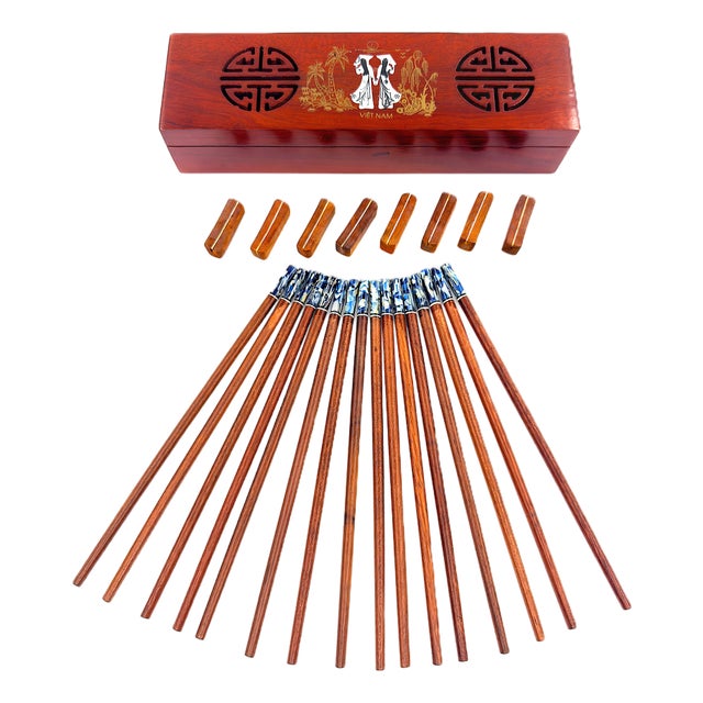 Asian Modern Vietnamese Wooden Chopsticks for 8 With Blue Mother of Pearl Marbled Tips Decorative Storage Box and Coordinating Rests - 25 pcs For Sale