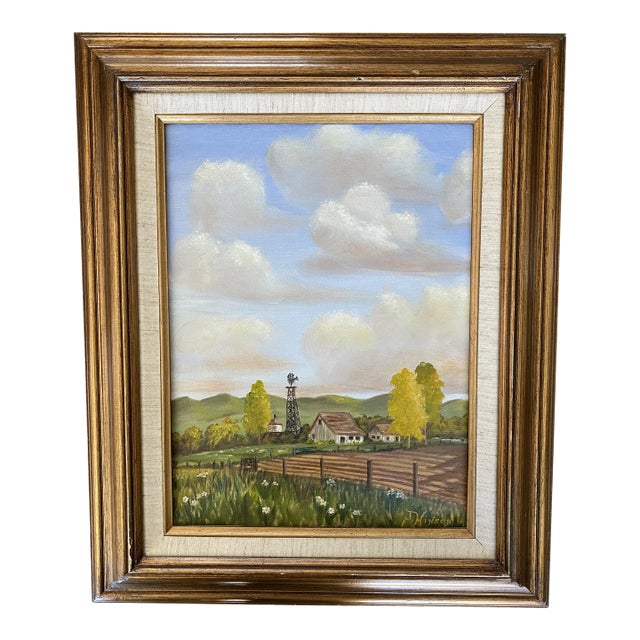 Framed Vintage Mid Century Painting of Farm Landscape For Sale