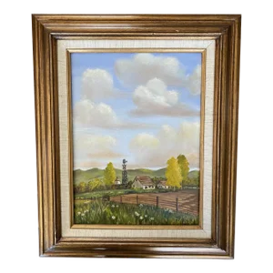 Framed Vintage Mid Century Painting of Farm Landscape