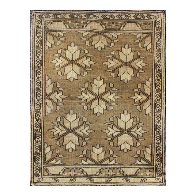 Vintage Turkish Oushak Rug With Geometric Motifs in Warm Beige Green 3'2 X 4'4 For Sale
