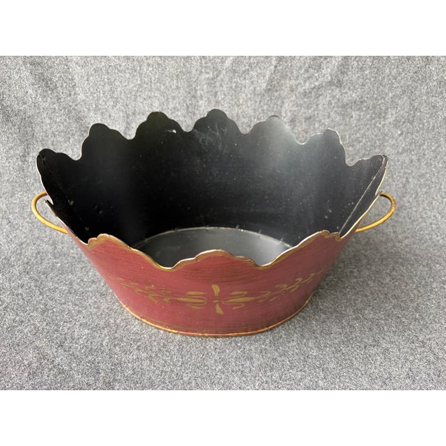 Vintage Maroon Gold Hand Painted French Tole Cachepot For Sale - Image 11 of 13