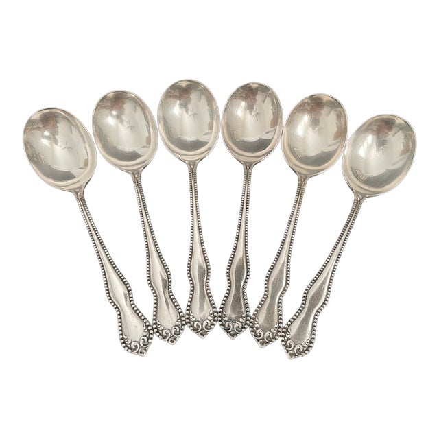 Holmes & Edwards Pearl 1898 Silverplate Round Bowl Gumbo Soup Spoons - Set of 6 For Sale